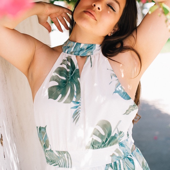 LAST One: White Monstera Palm  Printed Maxi Dress - Picture 3 of 5